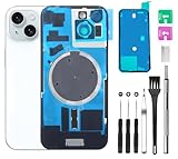 Rear Back Cover Glass Replacement for iPhone 15 Back Glass + Camera Lens + Magnet + Iron Piece Holder with Repair Tool Kit (White)