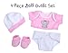 JC Toys Baby Girl 4-Piece Layette Set with Elephant Design, Pink and White, Includes T-Shirt, Cap, Booties and Diaper Made for Dolls 12