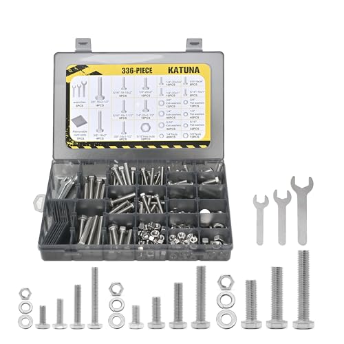 KATUNA 336-Piece Hex Bolt and Nut Assortment Kit with Flat & Spring Lock Washers, Stainless Steel, Includes 1/4-20, 5/16-18, 3/8-16 Sizes, Organized in a Case