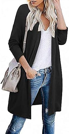 OUGES Women's Open Front Cardigan Shirt with Pockets Long Sleeve Lightweight Coat
