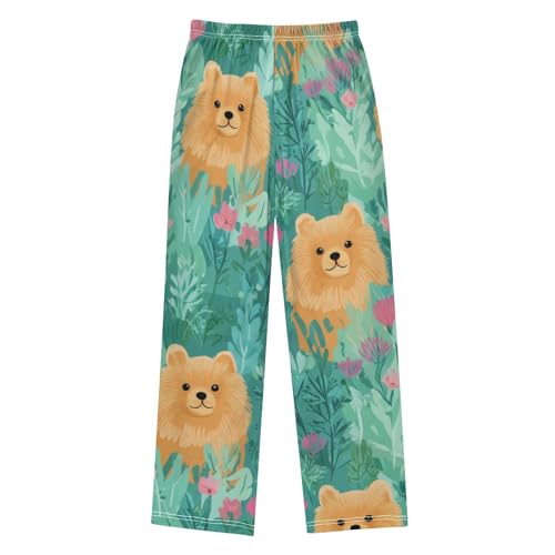 Lovely Pomeranian Florals Boys Long Pants Soft Trousers Elastic Waist Kids Lounge Bottoms with Pockets S-XL2