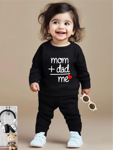 Image of Unisex Kids Hosiery Cotton Full-Sleeve Black Printed Sweatshirt & Joggers Tracksuit, Mom + Dad = Me Design, Casual Wear Coord Set