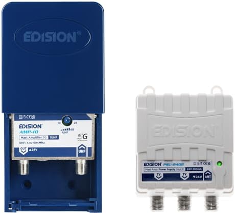 EDISION MAK-100 Kit Préamplificateur Mât TNT + Alim 24V – 10-25dB Réglable, Filtre 5G LTE, 2 Sorties
