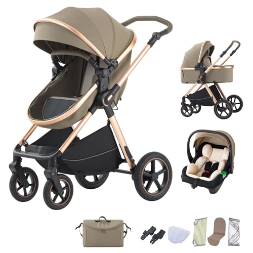 BEBBY 3-in-1 Kinderwagen KombiKinderwagen-Set 2-in-1 Buggy faltbar Luxus Hochlandschaft Neugeborenes Tragbarer Zusammenklappbarer Kinderwagen Travel System (D2-LIGHT BROWN, H2-D)