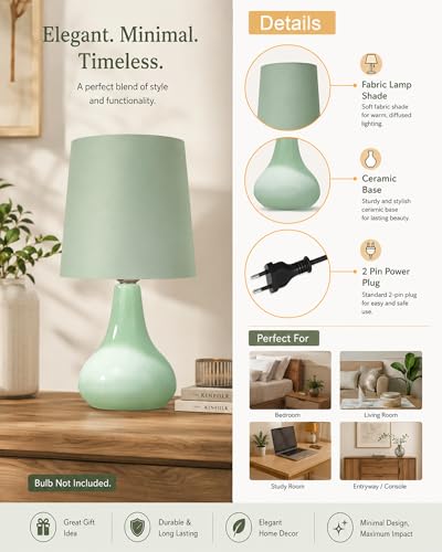 Image of Homesake Modern Small Ceramic LED Table Lamp, Classic Bedside Desk Lamp for Living Room Bedroom, Farmhouse Nightstand Lamps with Fabric Shade (Green)