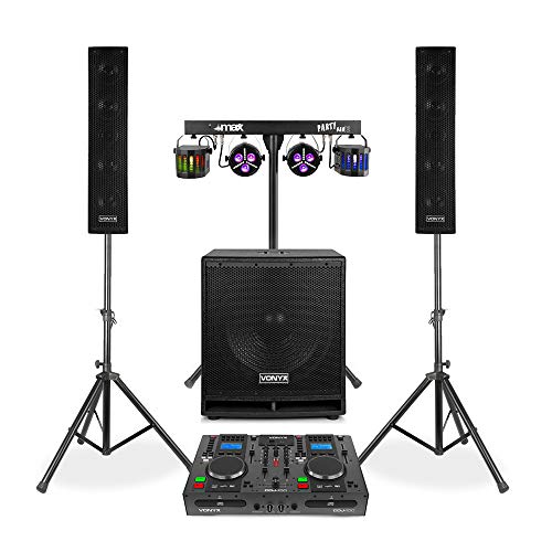 Vonyx VX880 Complete DJ Setup with DJ CD Mixer Controller, 2.1 PA System, Bluetooth, USB Input and PartyBar12 Lighting Kit for Mobile Events and Parties