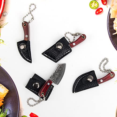 Pletpet 4 Pieces Mini Damascus Pocket Knife Set, Tiny Kitchen Chef Knife Set Portable Small Keychain Pocket Knife Cleaver For Package Opener Box Cutter Letter Opener #TOP4