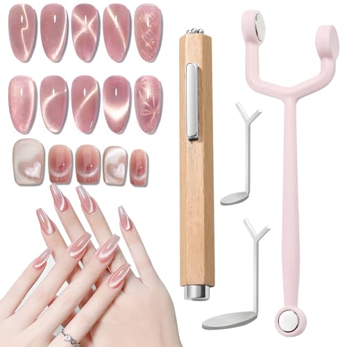 4Pcs Magnetic Tools for Cat Eye Gel Nail Polish, Professional 3 IN 1 Nail Art Tool for Creating Floral, Round, and Square Designs with Magnetic Gel Polish, Includes Y-Bar and 2Pcs Heart Guide