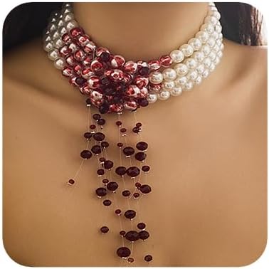 Jumwrit Vintage Layered Pearl Choker Necklace Dainty Chunky Chain Multi Strand Pearl Beaded Necklace Boho Rhinestone Tassel Pendant 4 Tier Halloween Vampire Necklace Statement Accessories for Women