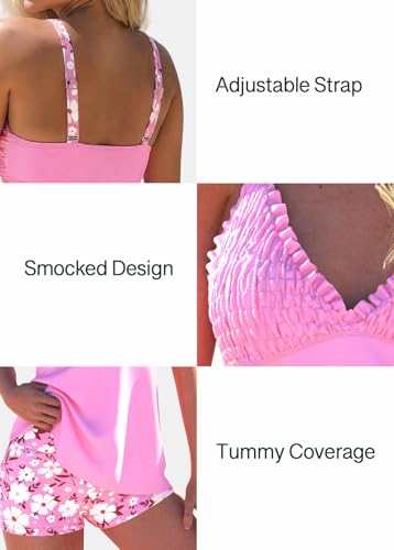Image of ROSEWE Womens Tankini Bathing Suits, Two-Piece Smocked Swim Dress, Print Swimsuits with Board Shorts