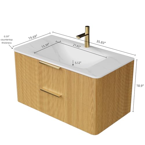 Image of 36 inch Wall-Mounted Bathroom Vanity Cabinet with Sink, Light Oak