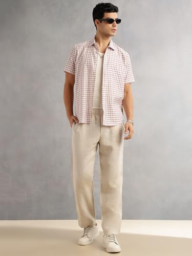 Image of Thomas Scott Men's | Checks | Half Sleeve | Slim Fit | Linen Blend | Spread Collar | Casual Shirt