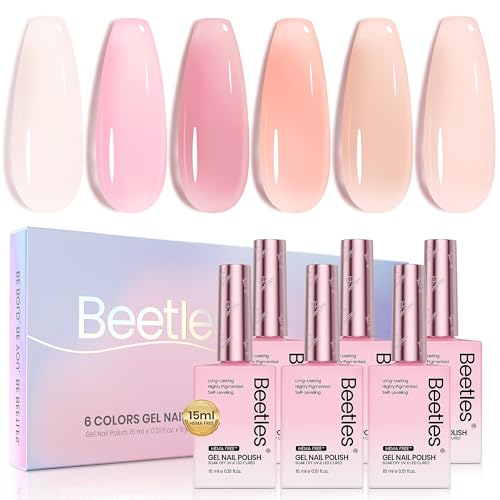 Image of Beetles Nude Pink Gel Nail Polish Set, 6 Colors 15ML HEMA-Free Pink Jelly | Full Size Sheer Gel Polish Translucent Nail Concealer High Gloss Soak Off UV Salon Colorful Bottle Gel Gift