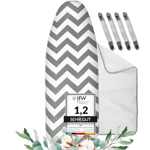 Universaler Bügelbrettbezug bis 125x45 extra Dicke Baumwolle - Bügelauflage Set inkl. Bügelhilfe, Spanner, Bügeldecke - Bügelbrett Bezug 12x40 für Dampfbügeleisen