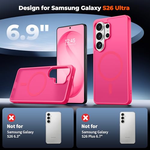 Image of SUPFINE Magnetic for Samsung Galaxy S26 Ultra Case with Screen Protector, (Built-in Magnets) (Military Grade Drop Protection) Slim Translucent Shockproof Phone Case,Hot Pink