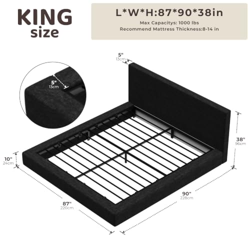Image of RECCI AirFrame King Size Bed Frame with Headboard, Cloud Upholstered Platform Bed Frame, 5 Inch Foam Cushioned, No Box Spring, Easy Assembly(Onyx Black)
