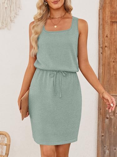 MEROKEETY Women's Summer Mini Sundress Casual Waffle Knit Square Neck Drawstring Beach Tank Dresses4