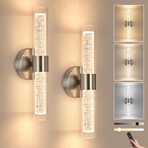 Image of OKELI Battery Operated Crysta Wall Sconces Set of 2, Brushed Nickel Battery Wall Sconce with Remote Control, LED Rechargeable Sconces, 3000K-6000K Wireless Wall Light for Bedroom, Living Room, Hallway