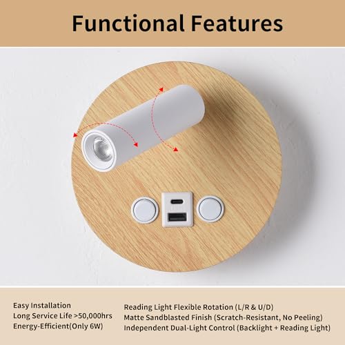 Image of Modern Multi-Purpose Wall Sconces,5.9 inch Wood Grain Hardwired Wall Light Fixture with USB /Type-C Charging Port for Bedroom /Stdudy, Rotatable Spotlight Reading Light & Ambient Nightlight 2 in 1 Design