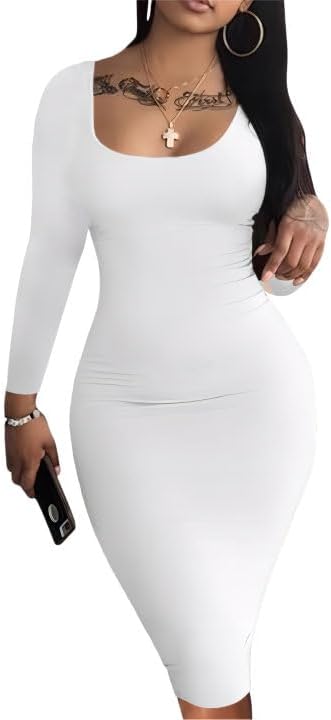 Nimsruc Womens Autumn Casual Sexy Long Sleeves Bodycon Dress Basic Pencil Midi Club Dresses