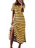 Dokotoo Maxi Dresses for Women 2025 V Neck Short Sleeve Striped Split Long Dresses for Womens Summer Dresses for Women 2025 Yellow Large