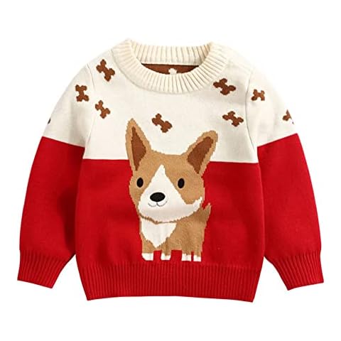 Baby Toddler Boys Girls Sweater Kids Knit Pullover Sweatshirt Animals Long Sleeve Tops Spring Winter Clothes, Corgi-red, 2-3 Years Cover