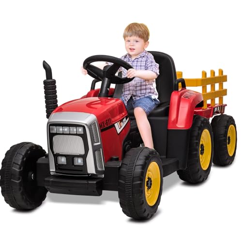 12V Tracteur électrique Enfants, avec Remorque Amovible, Voiture électrique Enfants pour 3 à 8 Ans, avec Télécommande, Musique & MP3, 3 Vitesses, Rouge