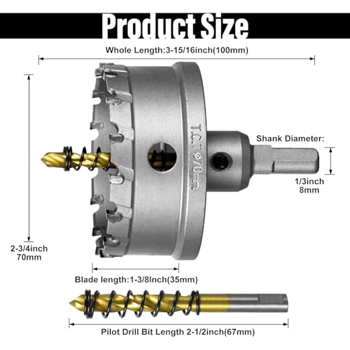 Image of SALI 2-3 /4 inch(70mm) TCT Hole Saw Kit Tungsten Carbide Tipped Hole Saw Drill Bit with Titanium-Plated Pilot Drill bit for Metal, Stainless Steel, Iron, Wood, Plastic