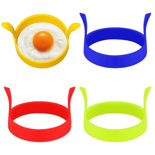 Henyall 4-Pack Silicone Egg Rings for Frying Non-Stick Fried Egg Mould & Pancake Mould with Handles - Red Yellow Blue Green for Omelette Crumpets and English Muffins