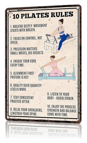 Funny Vintage Metal Sign 10 Pilates Rules Tin Wall Art for Fitness Room Home Gym Yoga Studio Workout Motivational Decor 8 X 12 i