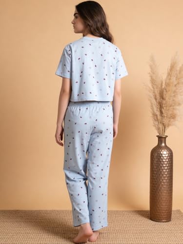 Image of Li'l Tomatoes Girls Cotton Night Suit Set | 100% Cotton Summer Co-Ord Set | Half Sleeve T-Shirt & Full Length Pajama | Soft & Breathable Printed Clothing Set | 9-16 Years
