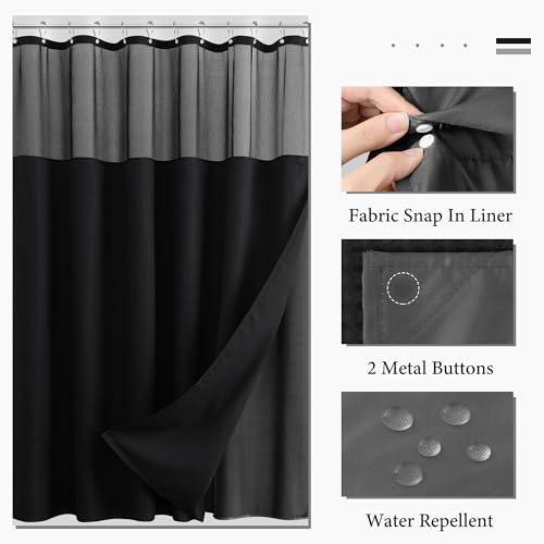 Naturoom Black Waffle Shower Curtain Set with Snap-in Liner, 240GSM Modern Waffle Weave Heavyweight Fabric Shower Curtain and Liner for Luxury Neutral Hotel & Spa Bathroom Decor, 72x84 - Thumbnail 6