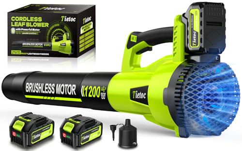 Tietoc Leaf Blower Cordless, 1200W Brushless Electric Leaf Blower with 2 X 5.0Ah Battery, 6 Speed Powerful Leaf Blowers for Garden, Patio, Lawn Care, Gift for Men Dad Husband Fathers (Light Green)