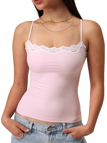Starrylion Padded Lace Camisole Tops for Women Double Lined Sexy Square Neck Black Tank Top Going Out Outfits Club Party Shirt Blush Pink L