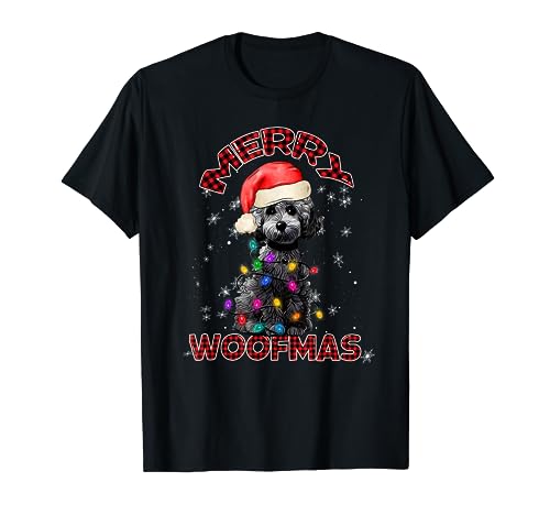 Merry Woofmas - Luces de árbol de Navidad para perro caniche a cuadros Camiseta