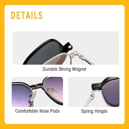 Image of grey jack Square Clip on Glasses with Spring Hinge,Metal Frame 3 in 1 Magentic Sunglasses for Myopic Men Women 8133
