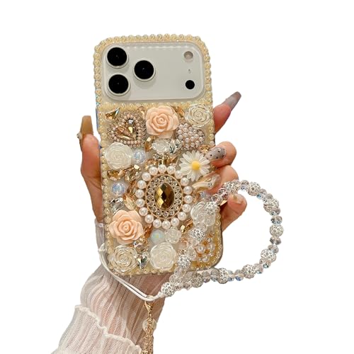 iFiLOVE for iPhone 17 Pro Max Bling Diamond Case with Flower Strap, 3D Luxury Sparkle Glitter Crystal Rhinestone Pearl Love Rose Wristband Bracelet Case Cover for Girls Women Kids (Champagne)