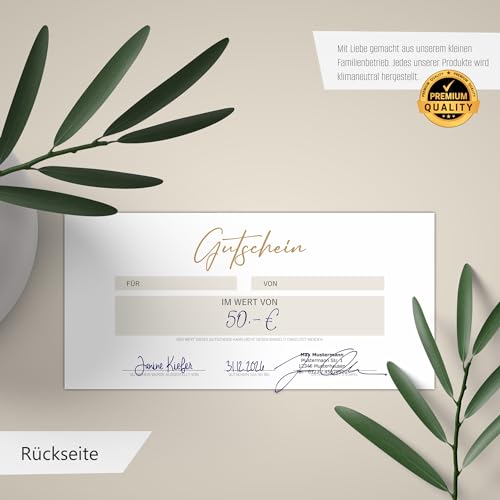 50 Blanko Gutscheine zum selber Ausfüllen | Inklusiv Aufsteller und Aufkleber | Premium Druck | Gutscheinkarten Geschenkgutscheine