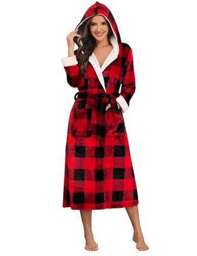 Ekouaer Womens Plush Hooded Robe Soft Fluffy Red Plaid Fleece Robe Long Warm Bathrobes Black and Red Plaid L
