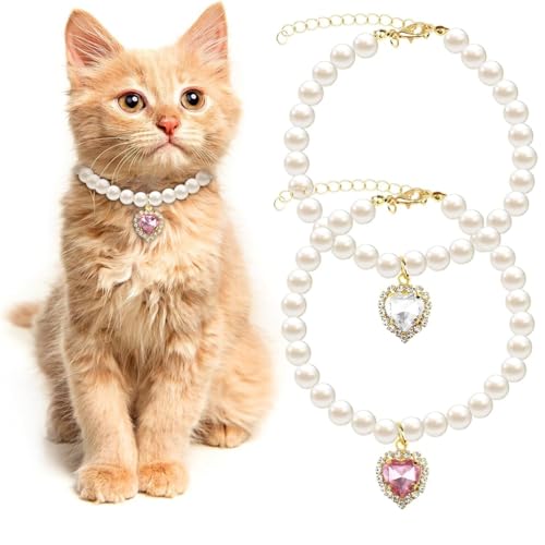 Image of BendJoy 2Pcs Adjustable Jewelry Cat Collar, Puppy Collar for Cats & Small Dogs Neck Belt with Rhinestone Heart Charm Pearl | Adjustable Fit | Rhinestone & Pearl Charm | Photography Prop