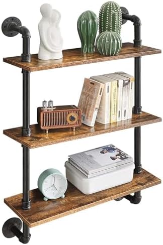 Industrial 2/3-Tier Display Stands - Wooden Floating Book Shelf, Wine Rack, Wall Storage Shelves for Home Decor Plants Cds Photo Frame, Vintage Pipe and Solid Wood Planks,
