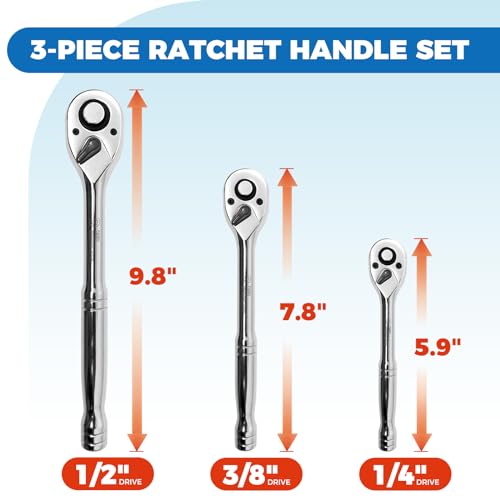 Image of Der Erwachte 3-Piece Ratchet Set, Quick Release Reversible, 72-Tooth, 1 /4 inch, 3 /8 inch, 1 /2 inch Drive Ratchet Wrench, 5 Degree Swing, Chrome Alloy Made, Full Polished