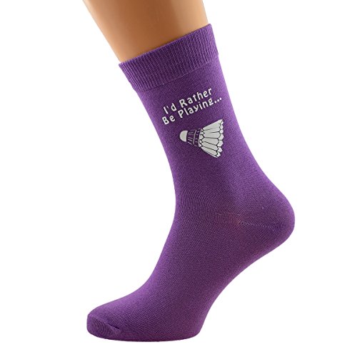 I'd Rather be Playing Badminton with Shuttlecock Image Printed in White on Ladies PURPLE Socks Great Mothers Day Present