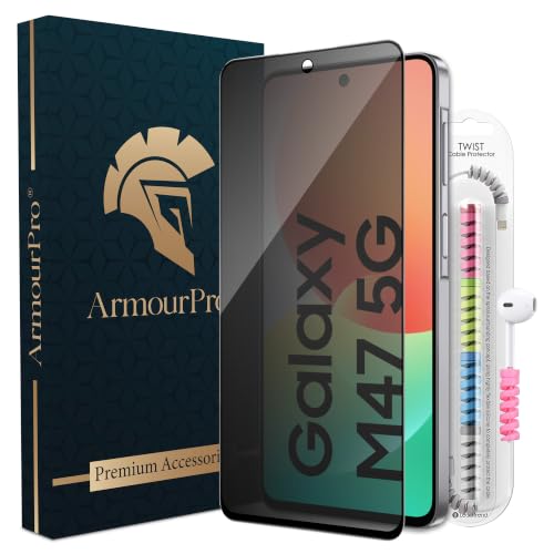Image of ArmourPro Privacy Tempered Glass for Samsung Galaxy M47 - Anti Spy Anti Peeping Screen Protector, Edge-to-Edge Full Coverage, 9H Hardness with Cable Protector | Black