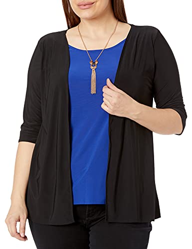 Star Vixen Women's Plus Size 2fer Top W Print Jacket/Solid Inset/Black-Silver Double-Strand Necklace