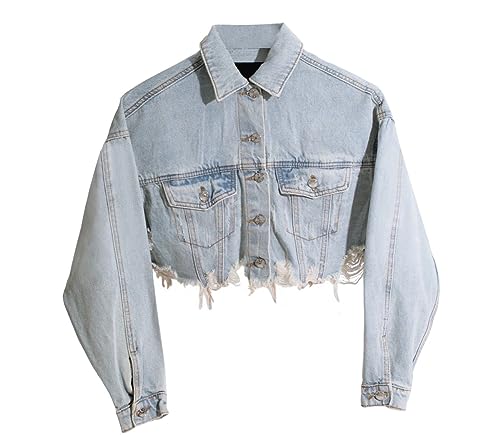HTD Women's Cropped Jean Jacket Button Up Long Sleeve Ripped Distressed Denim Jacket Frayed Hem2