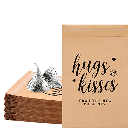 AnyDesign 150Pcs Wedding Party Favor Bags Hugs & Kisses Candy Buffet Bags Self-Adhesive Treat Bag Rustic Brown Kraft Paper Cookie Snack Bag for Bridal Shower, 5 x 7 Inch