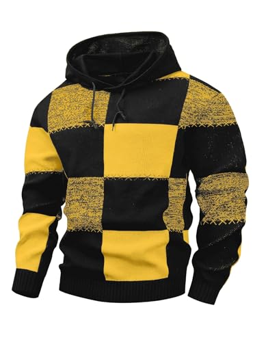 KAVIANA Men's Checkerboard Hooded Sweater Color-Block Hoodie Waffle-Knit Textured Pullover Casual Retro Streetwear Yellow/Black