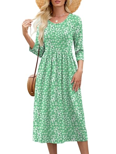 Image of Heymoments Women's Casual 3 /4 Sleeve Midi Dress Crewneck A Line Tiered Flowy Loose Travel Long Dresses with Pockets