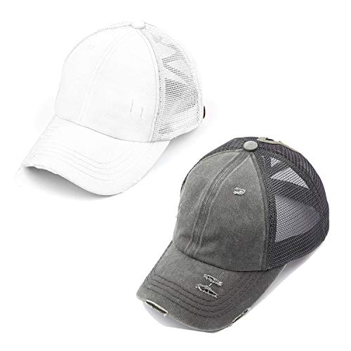 Funky Junque Women's Distressed Ponytail Trucker Hat with Ponytail Hole,